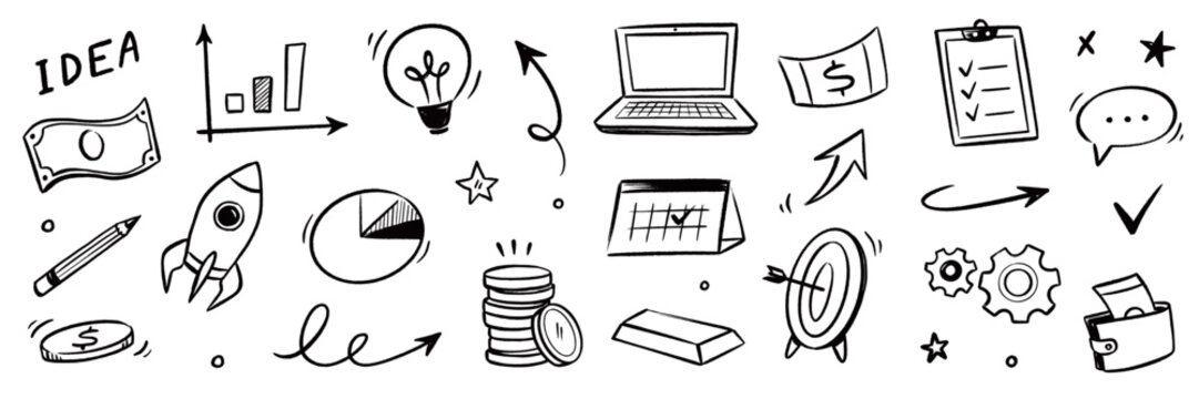 Business calendar icon doodle set. Hand drawn business calendar icon with chalk arrow money graph finance. Marketing communication growth goal analytics rocket innovation target. Vector illustration