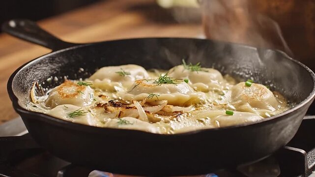 Golden Polish pierogi gently pan-fried in butter with caramelized onions and fresh herbs in a rustic cast iron skillet.