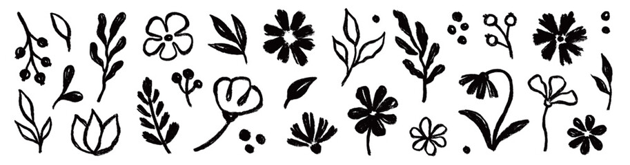 Fototapeta premium Flower brush leaf floral set. Hand drawn flower brush leaf paint stroke sketch doodle nature. Botanical plant spring daisy poppy leaves herb summer organic background. Vector illustration