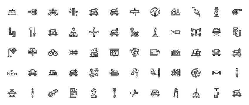 Car Engine icon set. Minimal line art automotive icons. Includes battery, exhaust pipe, piston, engine, radiator, spark plug, timing belt, and more.