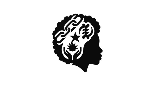 Black silhouette profile of a woman featuring symbolic icons within her hair.