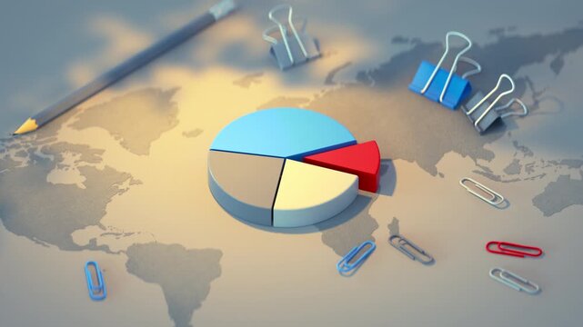Pie chart placed on a world map with office stationery. Business analytics concept representing market share, global statistics, data visualization, financial reporting, planning. 3D Render Animation