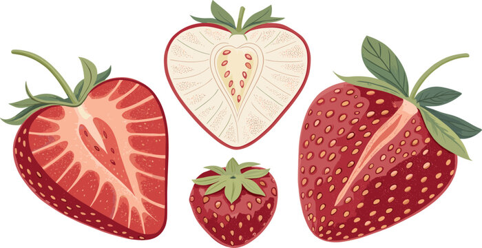 Fresh Strawberry Fruit Vector Set Featuring Whole Berries Halves with Seeds Cross Sections and Green Leaves for Organic Food Dessert Packaging Designs