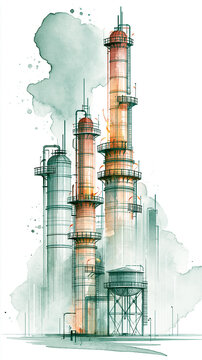 Artistic illustration of industrial refinery towers emitting smoke, showcasing structural details and a watercolor background.