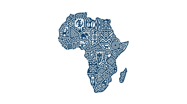 Stylized map of the African continent featuring intricate tribal patterns and cultural motifs.