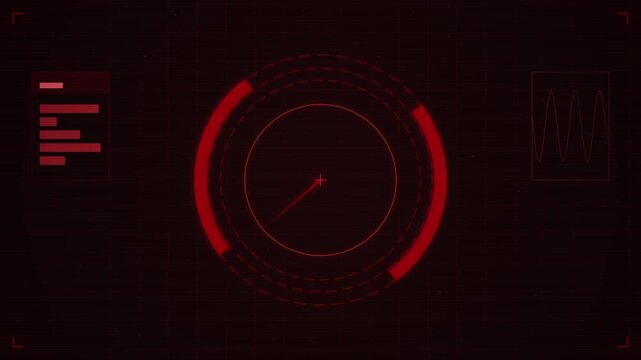 Digital radar interface with spinning circle, data charts, and grid lines, futuristic HUD display, technology background