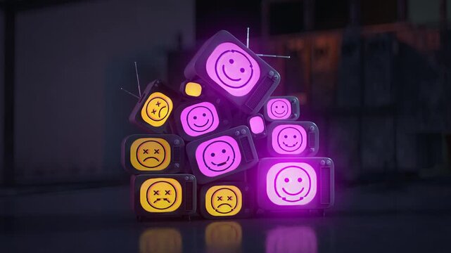 Pile of vintage televisions with glitching happy and sad emojis. Concept of mixed emotions, social media reactions, mood changes, mental health, positivity versus negativity. 3D Render Loop Animation