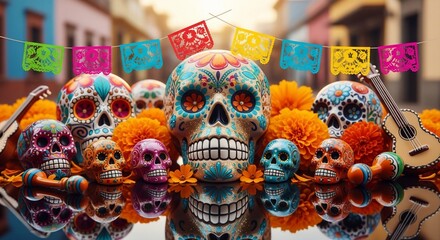 Fototapeta premium Vibrant Celebration of Souls: Intricate Skulls, Marigold Aura, Festive Streetscape
