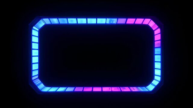 Neon frame loop border glow blue pink purple light black abstract background with futuristic copy space for design template and searchable SEO title