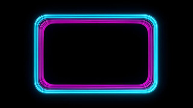 Neon frame loop glowing rectangular border on black background with cyan and magenta glow, modern abstract border for copy space and luminous black background empty space design