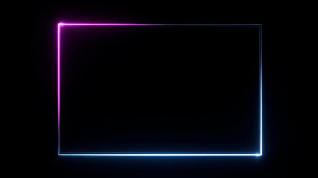Neon loop frame glowing rectangle on black background with blue and magenta light, simple geometric abstract space, glowing blue and pink border for modern design copy space