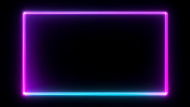 Neon Frame Loop Glow on Black Background with Magenta and Cyan Light, Glowing Rectangle Abstract Border, Minimal Modern Design with Empty Space and Luminous Outline Graphic Template