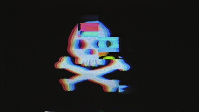 Skull distorted by digital glitch effects, RGB color separation, scanlines, and VHS-style interference. System failure, corruption, digital decay, hacking, and retro gaming. Seamless Loop Animation