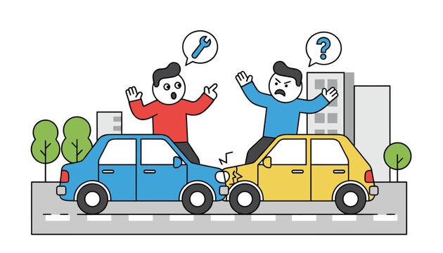 Two angry drivers argue in the middle of the street after their blue and yellow cars collided in a minor traffic accident.