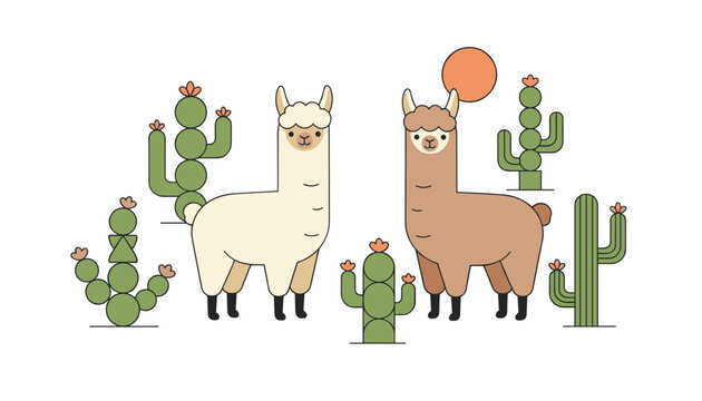 Two cute alpacas standing together in a dry desert landscape surrounded by green geometric cacti under a hot orange sun.