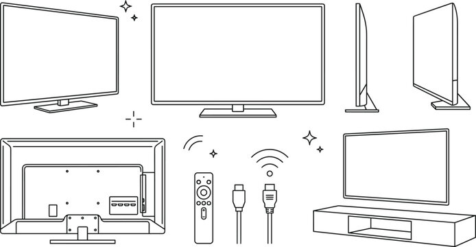Smart TV Television Icon Set with Remote Control and Console for Electronic Mockups