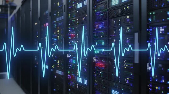 Server Lights Blinking in Sync Heartbeat Pattern with Blue Indicators