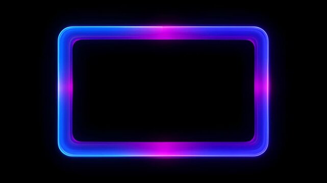 Neon loop frame glowing rectangle on black background with blue and magenta light, modern abstract blue purple rectangular border for design and copy space