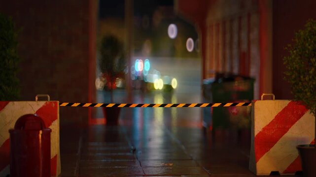 A city alley sealed with caution tape and blurred police vehicle lights. Cinematic nighttime scene representing emergency response, crime investigation, and public safety. 3D Render Animation