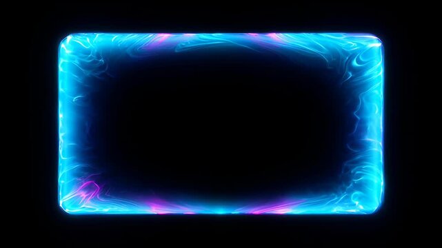 Neon loop frame glowing rectangular border on black background, abstract light streak with blue glow, pink accent, plasma wave, modern design energy border