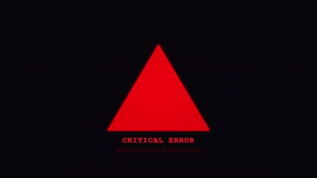 Red triangle warning sign with glitch effect, digital error message, system alert, cybersecurity threat, data breach, computer crash, urgent danger alert