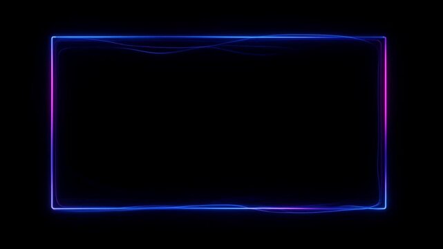 Neon loop frame glowing rectangular border on black background with blue and magenta light, futuristic abstract copy space design with electric glow and purple blue light trail