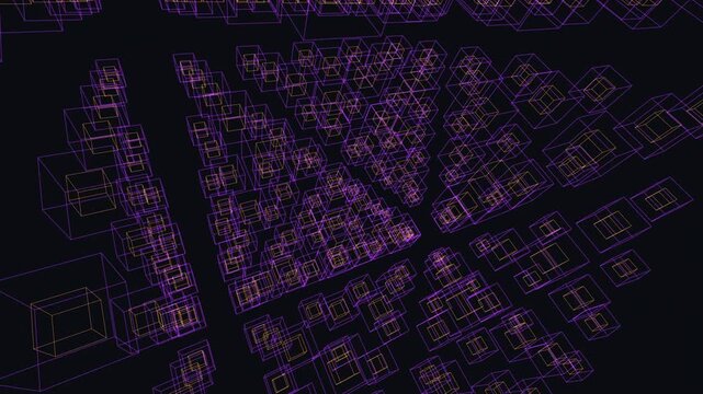 seamless loop of interlocking geometric grid boxes rotating in a dark digital space with glowing neon lines.