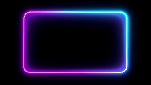 Neon loop frame glowing border on black background with cyan, purple, and magenta light, abstract modern empty frame for copy space, banner design, digital design, SEO friendly title