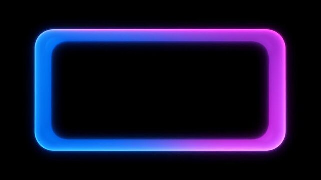 Neon loop frame glowing gradient rectangle on black background with empty center and copy space, modern abstract design with blue pink purple glow and radiant border