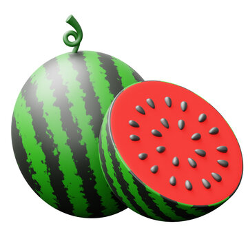 Stylized 3D Watermelon Icon with Whole Fruit and Half Cut Slice