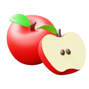 3D Red Apple Fruit Icon with Sliced Half and Green Leaves