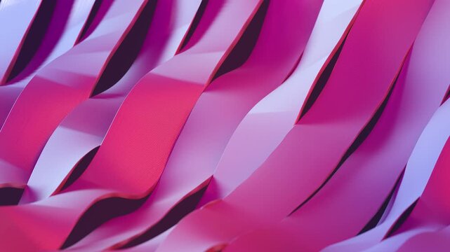 Elegant flowing pink and magenta ribbon-like waves forming a smooth abstract surface with subtle lined texture. 3D Render Seamless Loop Animation
