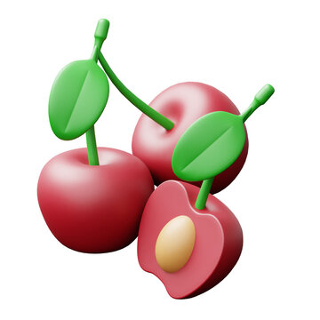 3D Illustration of Red Cherries with Slice and Pit