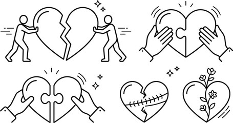 Obraz premium Broken Heart Healing and Relationship Repair Concept Icon Set for Psychology Website Designs