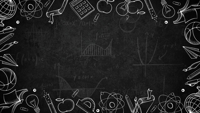 Back to school background with black chalk board and doodle art