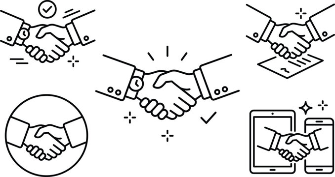 Business Handshake Deal Concept Icon Set with Agreement Symbols for Corporate Corporate Applications