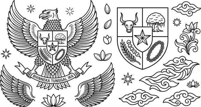 National Emblem of Indonesia Garuda Pancasila Icon Set with Traditional Indonesian Pattern Elements