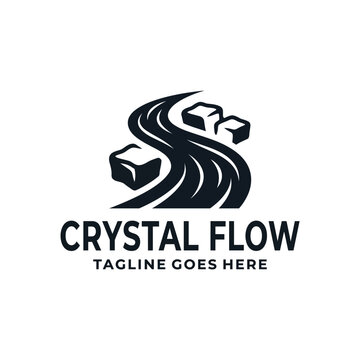 initial letter S river flow with ice crystal cubes liquid stream for pure water beverage fresh nature environment logo design