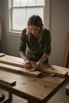 A young woman in a dark green button-down shirt and matching pants carefully positions a small circular wooden piece onto a long plank on a workbench.