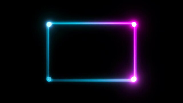 Neon loop frame glowing blue rectangle border on black background with pink light, cyan magenta abstract design, minimal futuristic empty space geometry