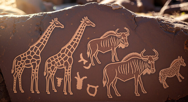 Ancient rock art depicting giraffes zebus and other African wildlife in a natural setting showcasing prehistoric engravings in a rustic stone formation.