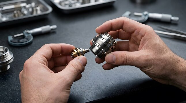 Precision Engineer Inspecting Mechanical Parts in Industrial Workshop.