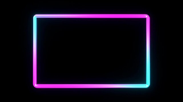 Neon loop frame on black background with glow magenta cyan light, empty copy space for modern design template and text, simple square border and empty rectangle for SEO searchable title