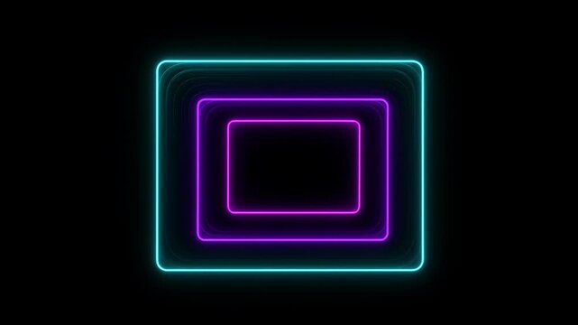 Neon loop frame with cyan and magenta glow on black background, abstract square light border, layered square tunnel effect, glowing square line, modern abstract design