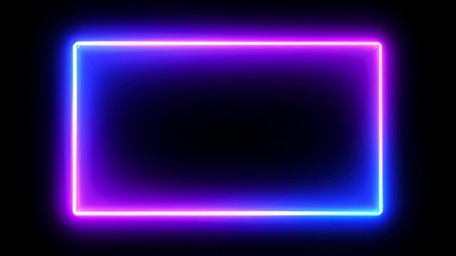 Neon loop frame glowing rectangle black background with purple blue light and soft gradient glow, neon frame loop glowing blue and magenta rectangular border black background with copy space