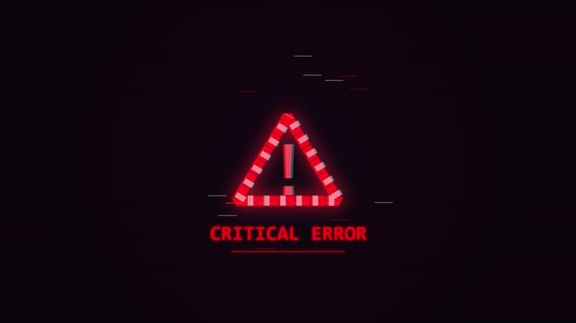 Digital glitch screen with red alert triangle and "critical error" text, digital warning, system failure, data breach
