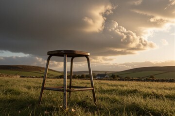 Fototapeta premium A weathered metal stool stands upright in a grassy field, surrounded by rolling green hills and dramatic storm clouds.