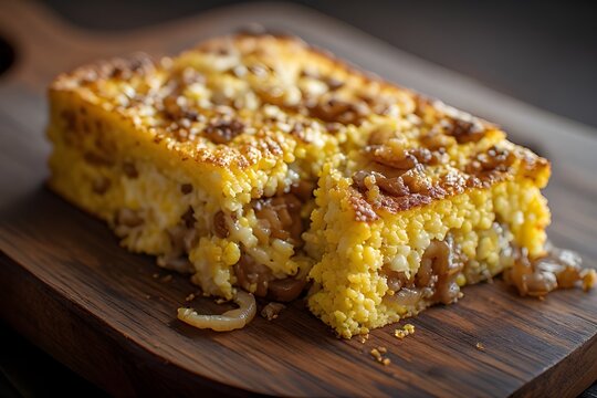sopa paraguaya cornbread stuffed with caramelized onions and cheese on a wooden board