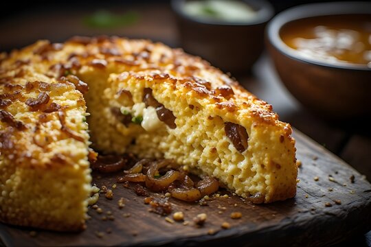 sopa paraguaya cornbread stuffed with caramelized onions and cheese on a wooden board