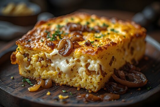sopa paraguaya cornbread stuffed with caramelized onions and cheese on a wooden board
